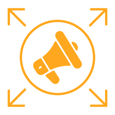 Orange megaphone icon with outward arrows on a transparent background