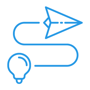 Blue line art with a light bulb, winding path, and paper airplane