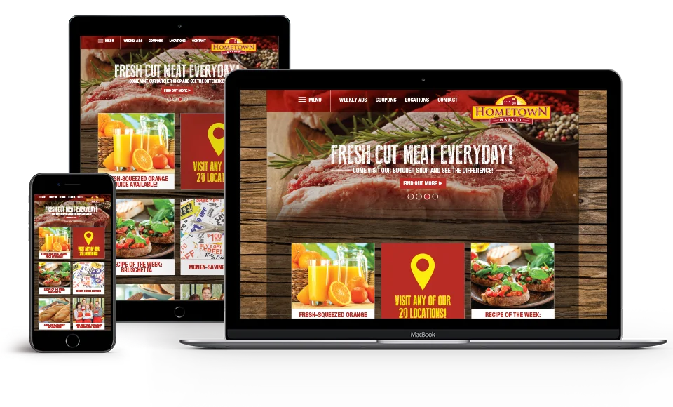 Responsive website design for Hometown Market displayed on smartphone, tablet, and laptop.