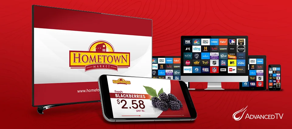 Various electronic devices showing a Hometown Market logo and an ad for blackberries.