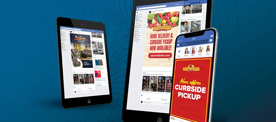 Three devices showing different Facebook advertisements related to stores and curbside pickup