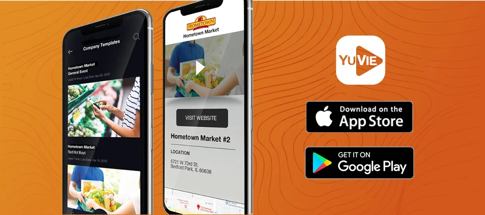 Two smartphones displaying Hometown Market app interfaces with app store download icons.