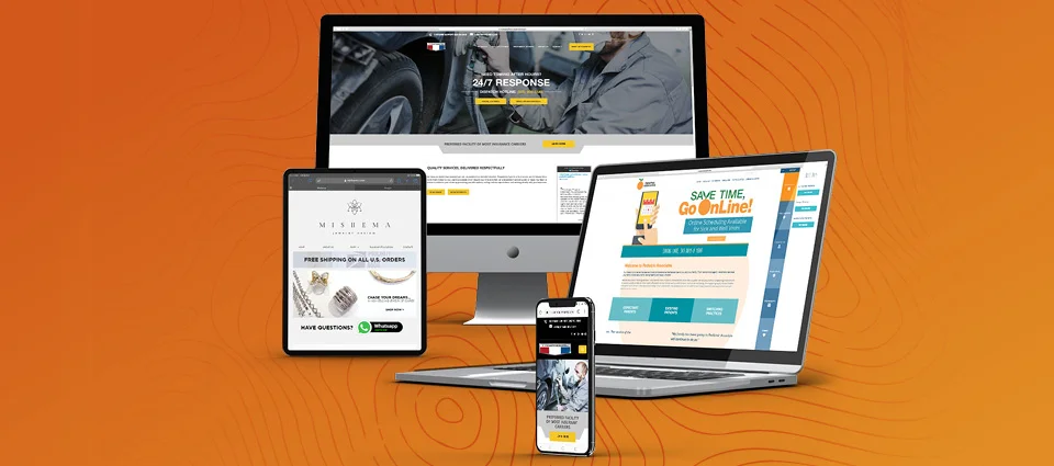 Four devices on orange background displaying various website mock-ups