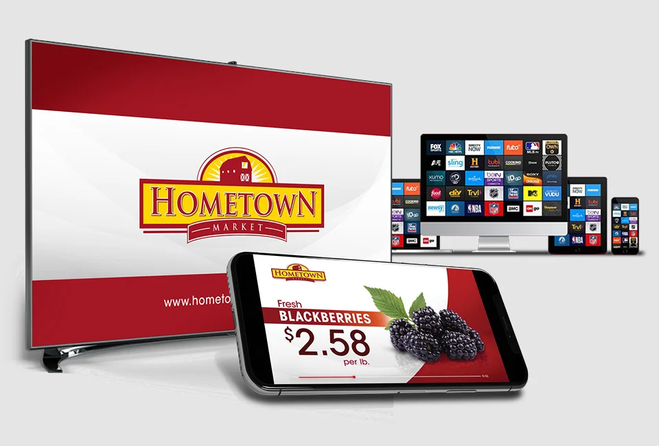 Various electronic devices showing a Hometown Market logo and an ad for blackberries.