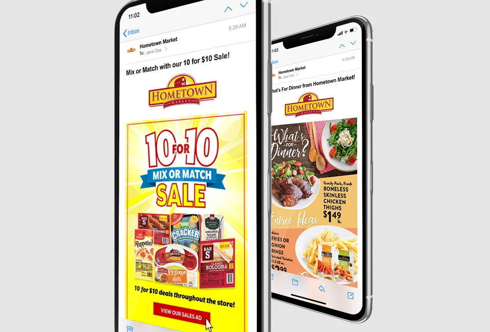 Two smartphone screens showing Email Marketing analytics and login views