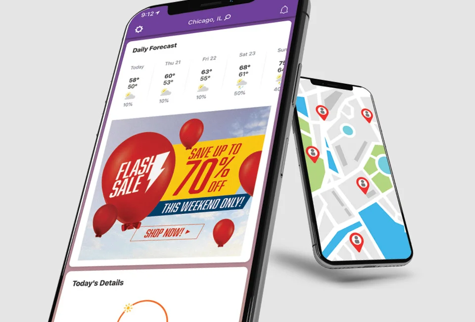 Two smartphones displaying a weather app and a map app with location markers.