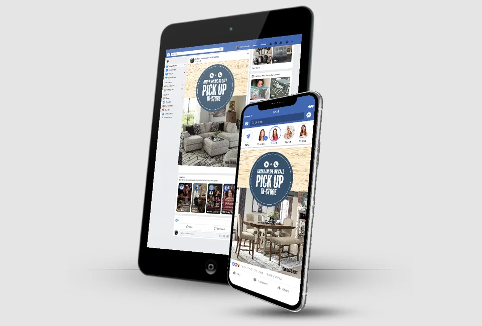 Tablet and smartphone displaying the same online store advertisement on Facebook.
