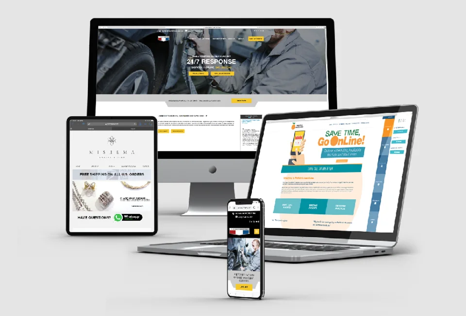 Devices showing websites for automotive service, jewelry store, and service portal