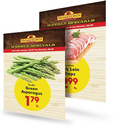 Two promotional cards for Weekly Specials featuring asparagus and pork loin chops