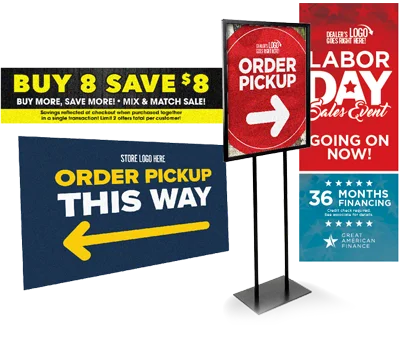 Collage of promotional signs including discounts, order pickup, and a Labor Day sales event.