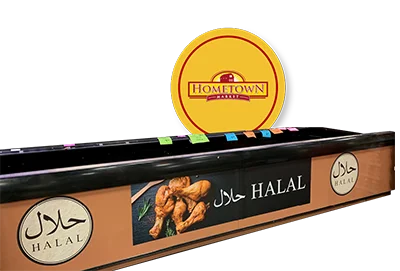 Halal food counter with logos and a roasted chicken image, featuring a circular HomeTown sign above