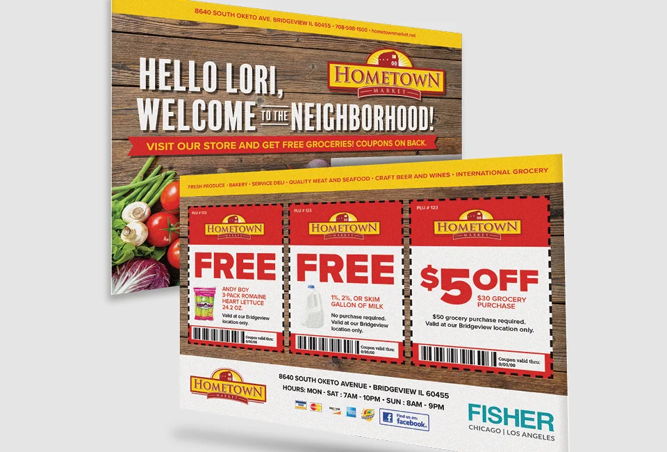 Hometown Market promotional flyer with welcome message and grocery coupons.
