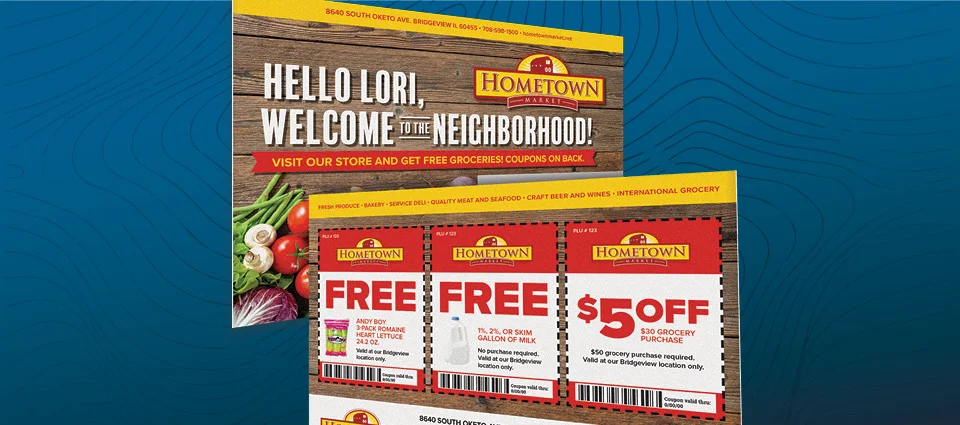 Promotional flyer for Hometown Market with various grocery coupons displayed.