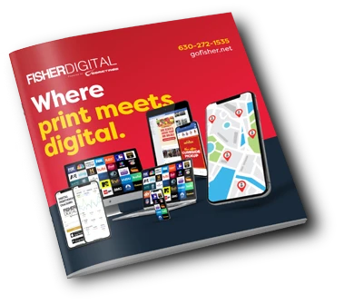 Promotional image for Fisher Digital with electronic devices and tagline