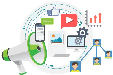 Megaphone with social media, video, and analytics icons