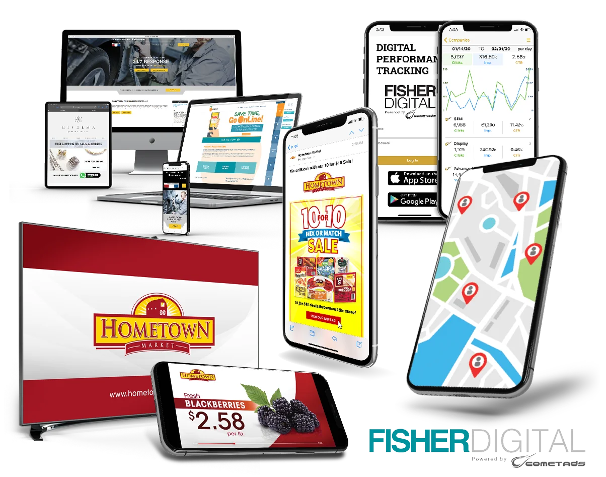 A variety of electronic devices showing digital content related to Fisher Digital.